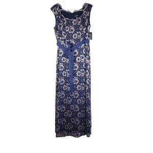 R&M Richards,Blue Maxi Dress with Gold Floral designs and Ribbon, Sleeveless